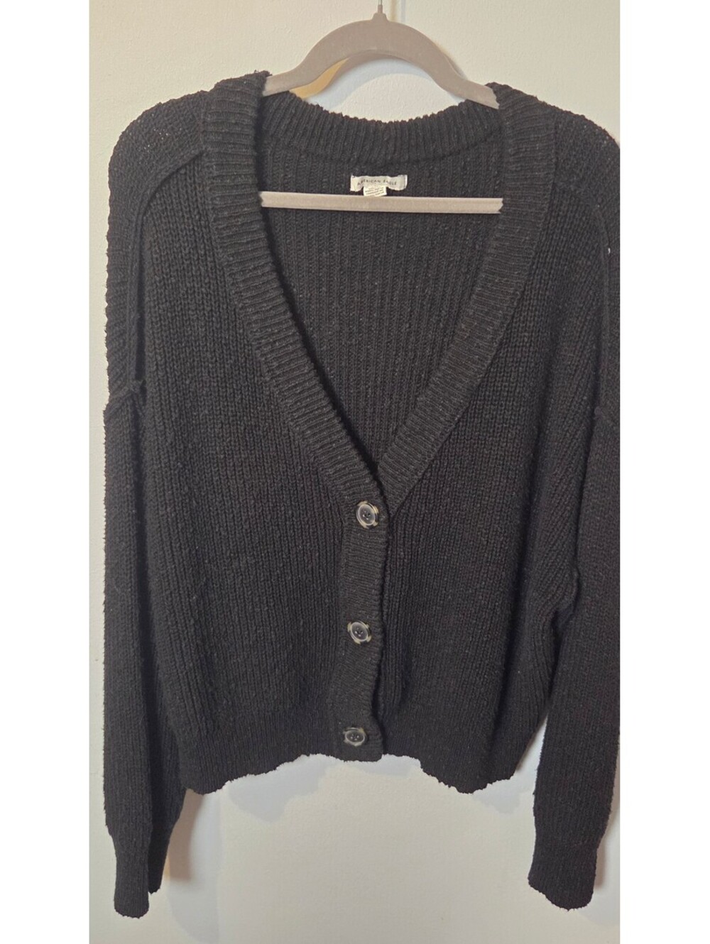 American Eagle Black Rib Knit Button Front Cardigan Sweater